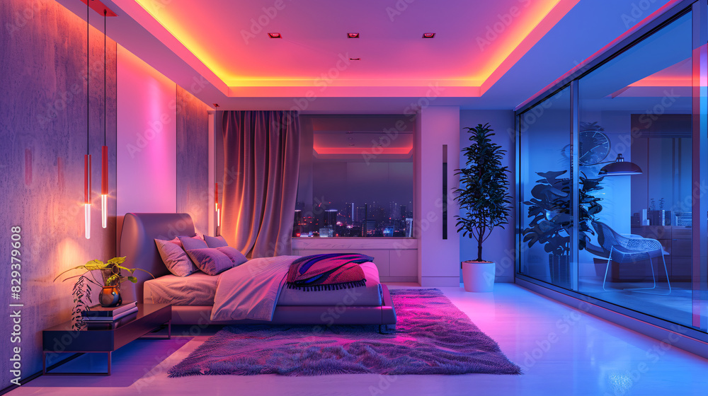 Poster a cozy bedroom in a smart home with ai-augmented reality interfaces controlling lighting, temperatur