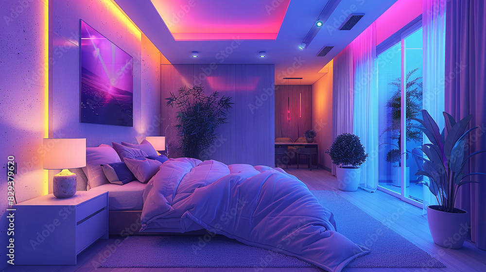 Poster a cozy bedroom in a smart home with ai-augmented reality interfaces controlling lighting, temperatur