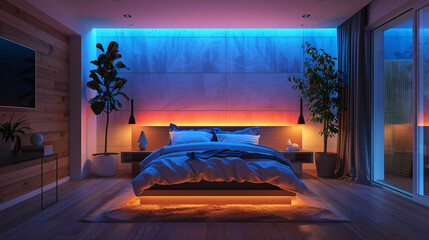 A cozy bedroom in a smart home with AI-augmented reality interfaces controlling lighting, temperature, and security. The futuristic setup features a minimalist design with significant copy space for