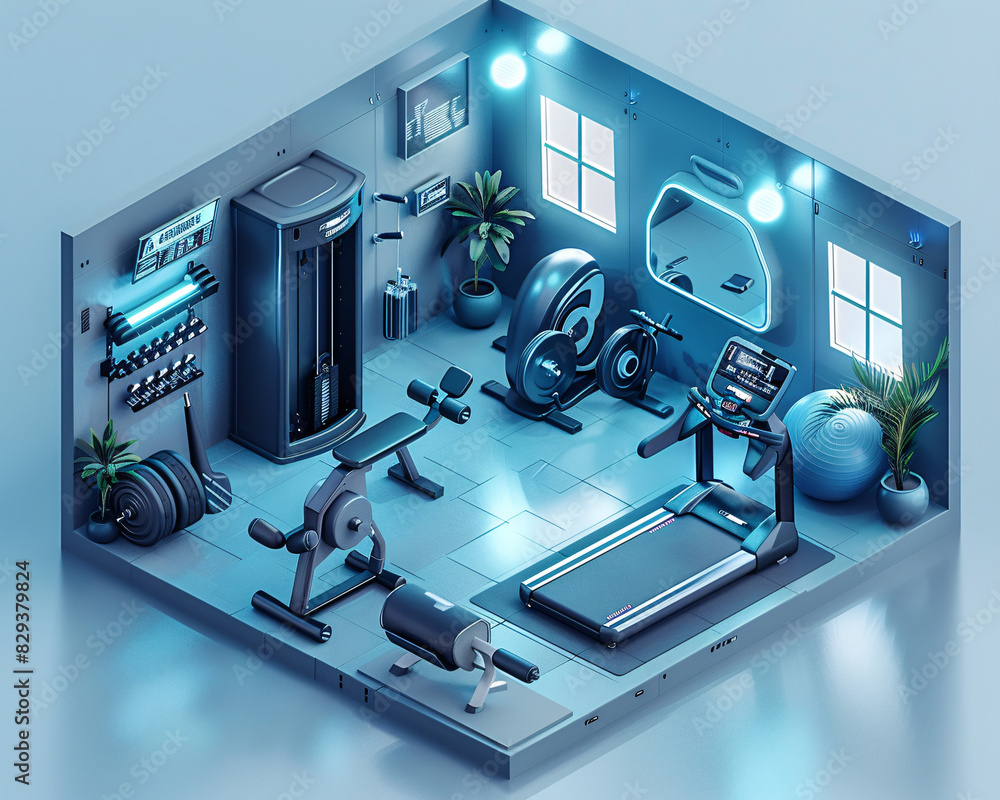 Poster a cutting-edge smart home gym, presented in an isometric view with a minimal color palette. the ai-e