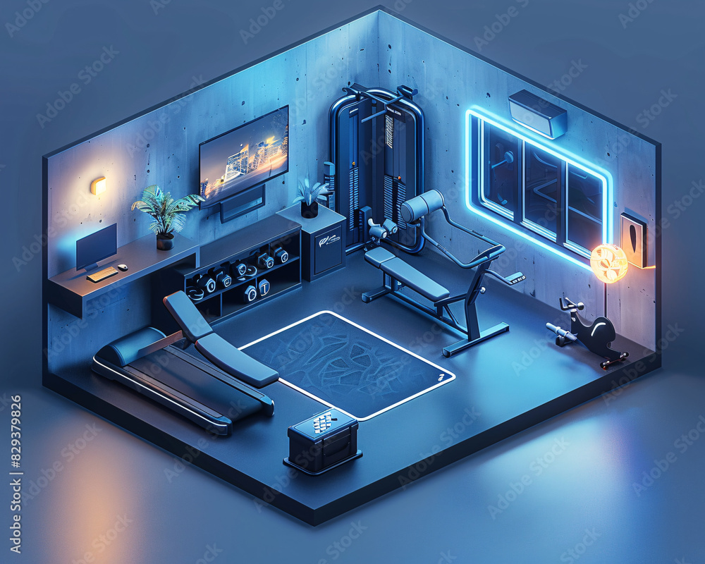 Poster a cutting-edge smart home gym, presented in an isometric view with a minimal color palette. the ai-e