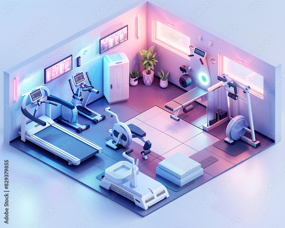 Poster a cutting-edge smart home gym, presented in an isometric view with a minimal color palette. the ai-e