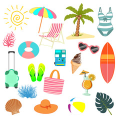 Modern summer elements set, great design for any purposes. Isolated vector illustration. Summer elements set in trendy style on white background. Summertime object.