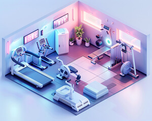 A cutting-edge smart home gym, presented in an isometric view with a minimal color palette. The AI-enhanced environment features smart fitness equipment, virtual trainers, and automated climate