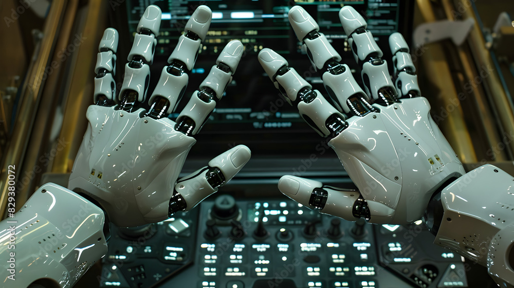 Poster robot hands point to laptop button advisor chatbot robotic artificial intelligence concept
