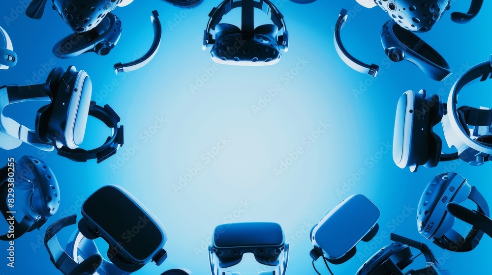 Poster assorted virtual reality headsets arranged in a circular frame against a blue background