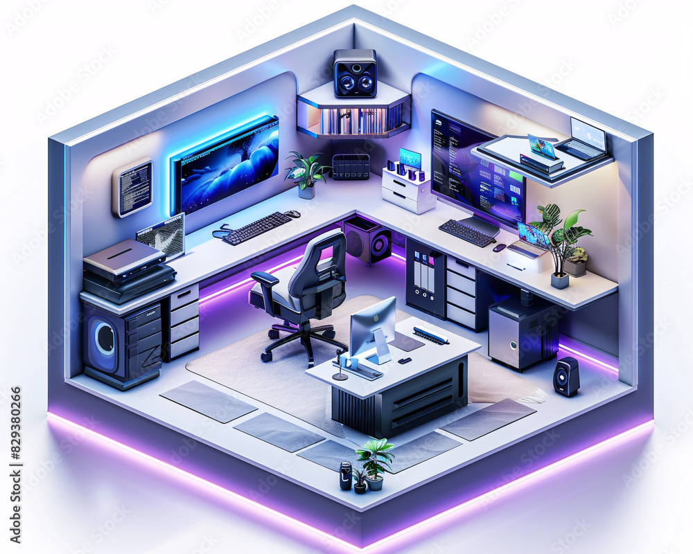 Poster a futuristic home office in an ai-augmented reality smart home, viewed isometrically with a minimal 