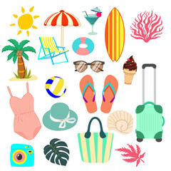 Modern summer elements set, great design for any purposes. Isolated vector illustration. Summer elements set in trendy style on white background. Summertime object.