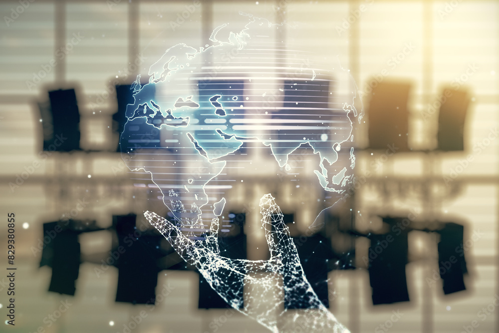Aufkleber Multi exposure of abstract graphic world map on a modern furnished classroom background, big data and networking concept