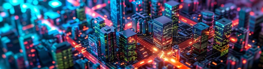 Obraz premium Futuristic Smart Cyber City: Innovative Urban Landscape in Digital Circuitry, futuristic technology concept, graphic banner design