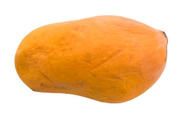 yellow Mango isolated on white background, clipping path, full depth of field, King of fruits; Alphonso yellow Mango fruit duo with stems and green leaf isolated on white background