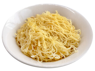 Cooked egg noodles boiled and mixed with fried garlic oil in a bowl, Asian style food, ready to eat, isolated cutout transparent background
