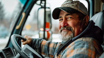 side view close up smiling friendly senior bus driver with copy space. transport, tourism, road trip and people concept
