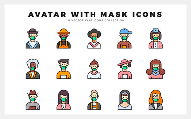 Fototapeta premium 15 Avatars With Medical Masks Lineal Color icon pack. vector illustration.