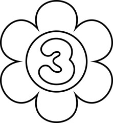 Illustration of flower-shaped numbers outlined in black for a coloring page for kids. Number three