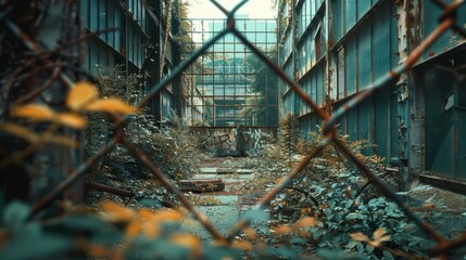 Rusted metal fences surrounding an abandoned factory, with vines and plants intertwining through the structure