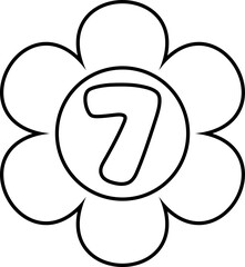 Illustration of flower-shaped numbers outlined in black for a coloring page for kids. Number seven.