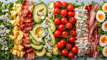 Rows of fresh salad components including tomatoes, crispy bacon, chicken, eggs, avocado, blue cheese, and greens, drizzled with creamy dressing, isolated background, studio lighting
