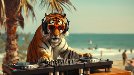 Tiger DJ Wearing Sunglasses And Headphones Spinning Tracks At Beach