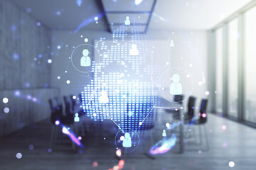 Virtual social network hologram and world map on a modern conference room background. Multiexposure