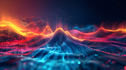 Multicolor glowing data over abstract digital landscape