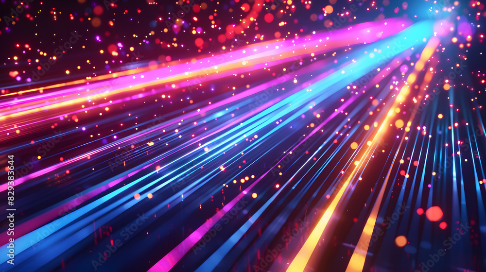 Poster neon glow multicolor laser beam lines pattern design, digital data flow and cyberspace concept futur