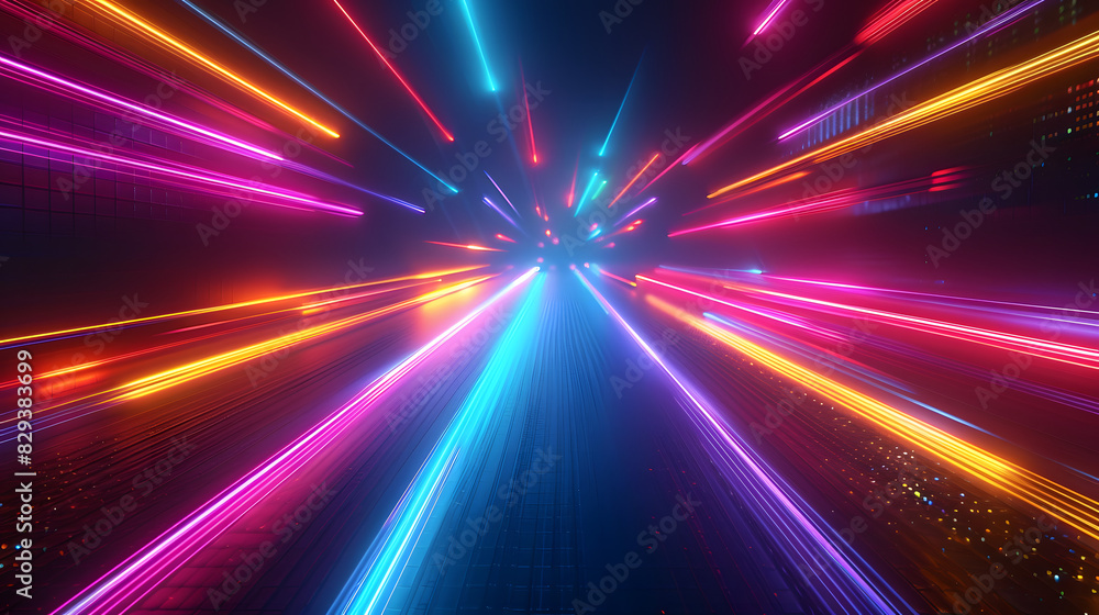 Poster neon glow multicolor laser beam lines pattern design, digital data flow and cyberspace concept futur