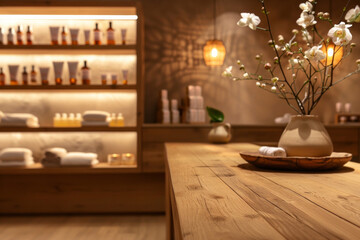 A wooden reception desk in the foreground with a blurred background of a high-end spa. The background features elegant decor, comfortable seating, shelves with beauty products, and calming  ambient