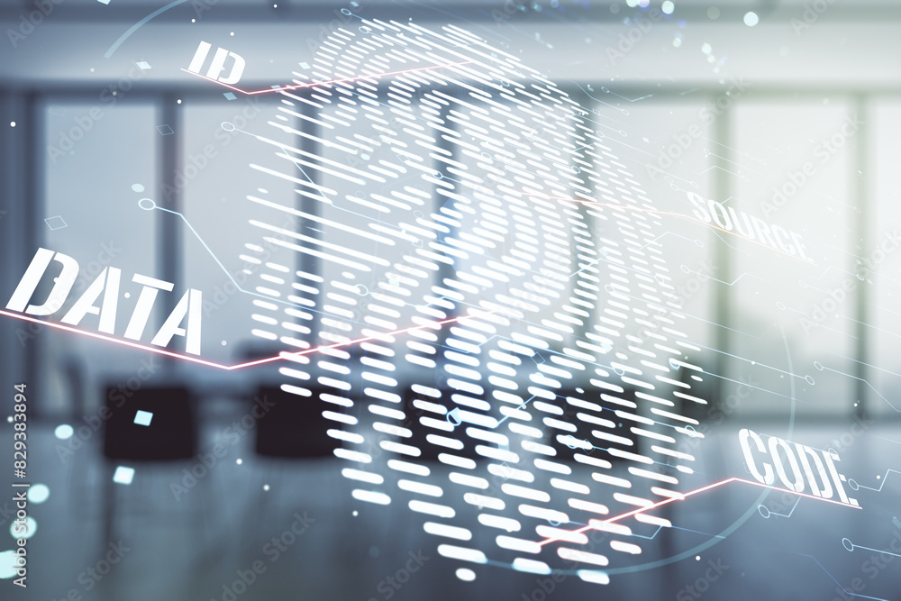 Poster multi exposure of virtual fingerprint scan interface on a modern furnished office interior backgroun