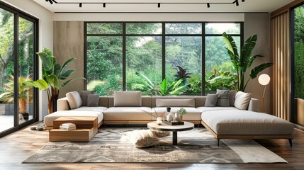 Modern Minimalist Living Room with Indoor Plants