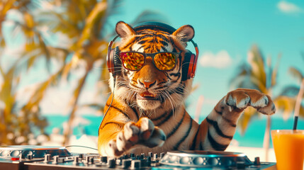 Tiger DJ Wearing Headphones And Sunglasses Mixing Tracks At Beach
