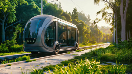 Fototapeta premium future electric transit vehicles for sustainability and green transportation in rural areas.
