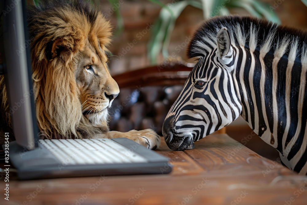 Poster a lion (colleague) offering a helping hand to a worried zebra (colleague) who seems frustrated with 