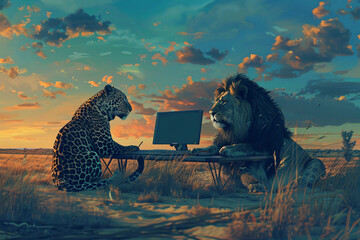 A leopard (tech guru) fixing a computer problem for a stressed-looking lion (businessman) in a technological savanna landscape.
