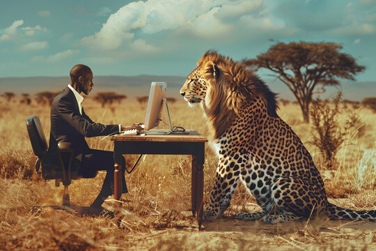 A leopard (tech guru) fixing a computer problem for a stressed-looking lion (businessman) in a technological savanna landscape.