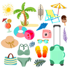 Fototapeta premium Modern summer elements set, great design for any purposes. Isolated vector illustration. Summer elements set in trendy style on white background. Summertime object.