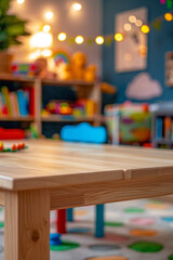 A wooden play table in the foreground with a blurred background of a children's playroom. The background includes colorful toys, bookshelves with children's books, soft play mats, and cheerful.