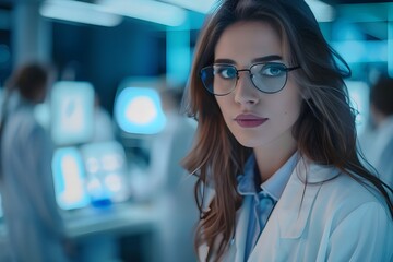 Fototapeta premium female doctor, research, Scientist, chemist leads Specialists in Modern Medical Lab, medical and research, blurred background