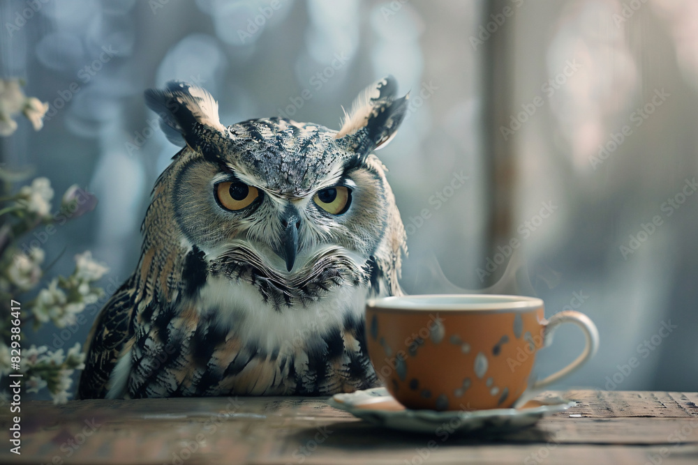 Poster a wise old owl (advisor) taking a break from a meeting to sip tea and relax. stock photo with copy s