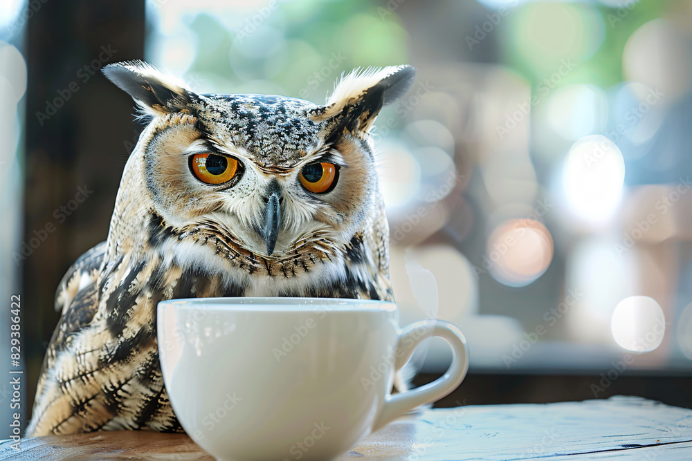 Poster a wise old owl (advisor) taking a break from a meeting to sip tea and relax. stock photo with copy s