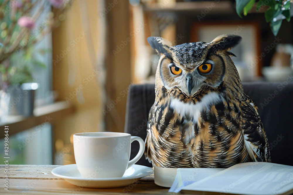 Poster a wise old owl (advisor) taking a break from a meeting to sip tea and relax. stock photo with copy s