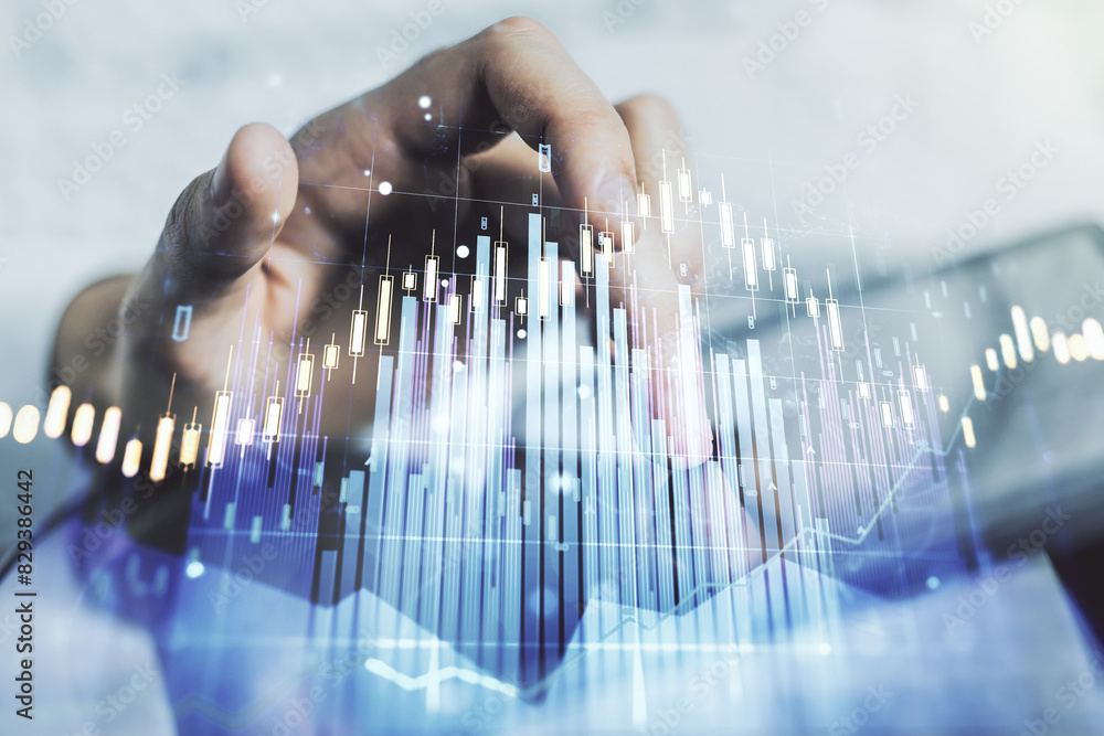 Aufkleber double exposure of abstract creative financial diagram with finger clicks on a digital tablet on bac