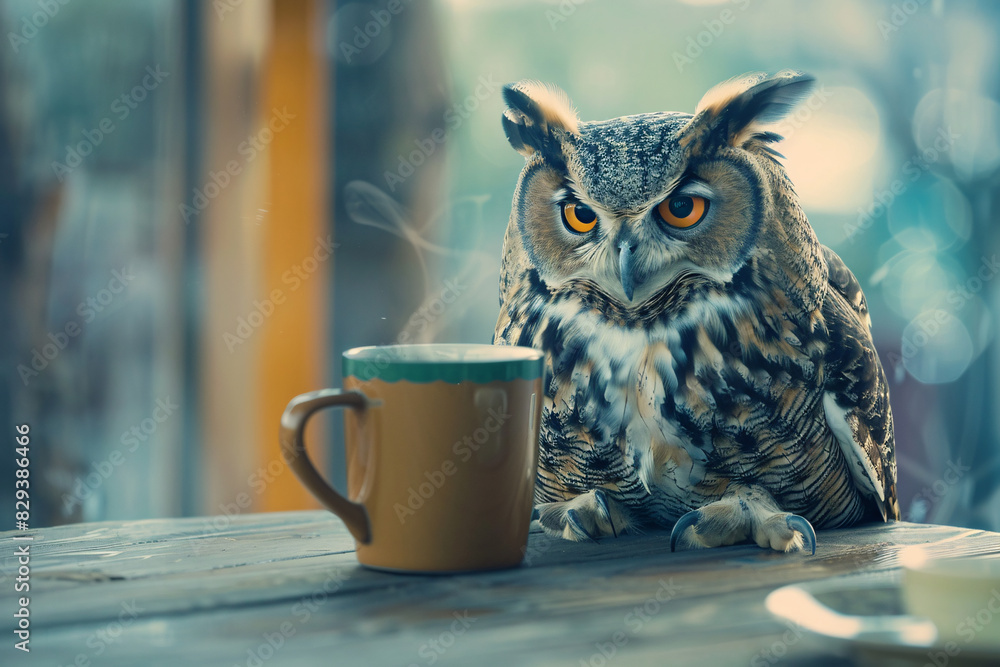 Poster A wise old owl (advisor) taking a break from a meeting to sip tea and relax. Stock Photo with Copy Space