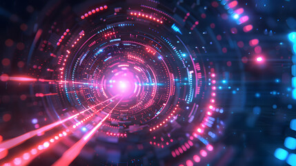 High Tech Target, hitting target mark . Speed and technology concept. Glowing pink blue lines and bokeh lights