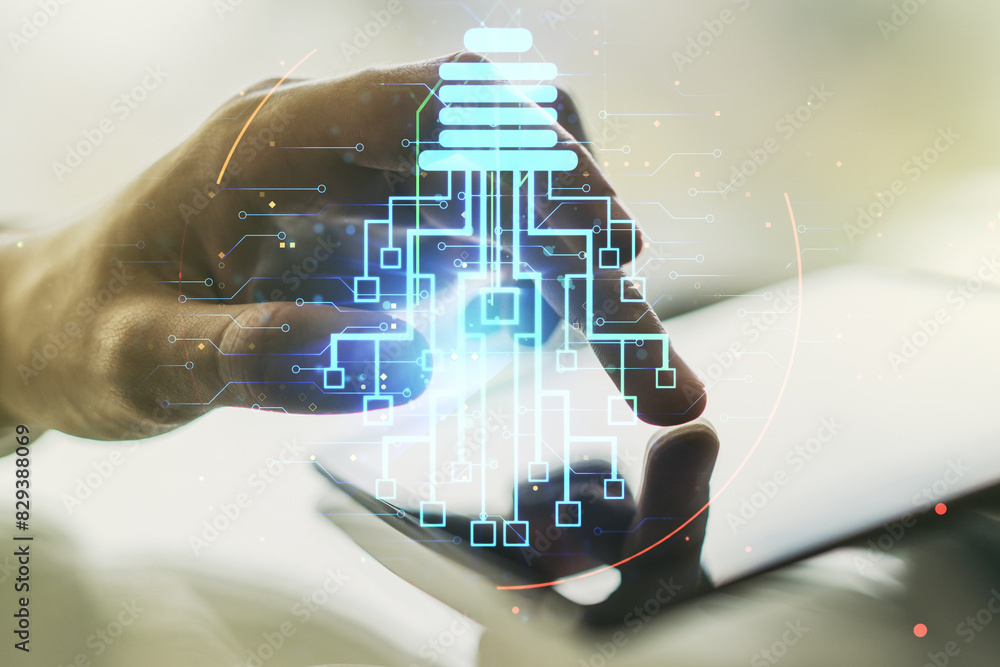 Poster double exposure of creative light bulb hologram with chip and finger clicks on a digital tablet on b