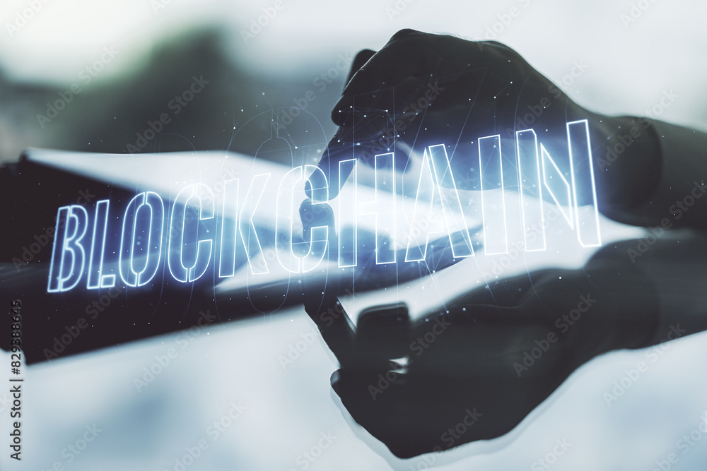 Poster creative abstract blockchain technology hologram and finger presses on a digital tablet on backgroun