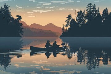 silhouette of canoeists paddling along a serene lake 