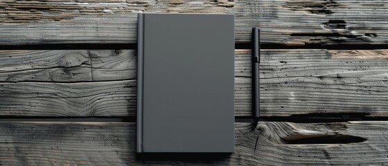 a closed grey notebook and a sleek pen on a worn wooden surface 