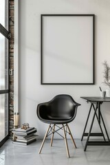 A minimalist office with a blank frame invites countless possibilities.