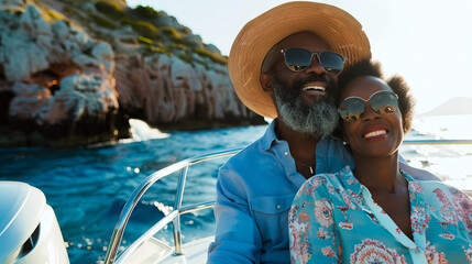 A black middle-aged couple hugging and smiling on the side of sailboat floating in sea at sunset and enjoying amazing view, sailing together.
